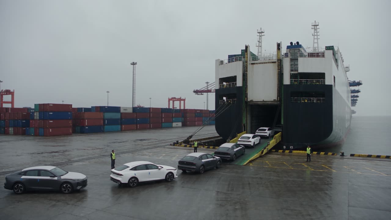 Vehicles loaded aboard a ro-ro car carrier at the port